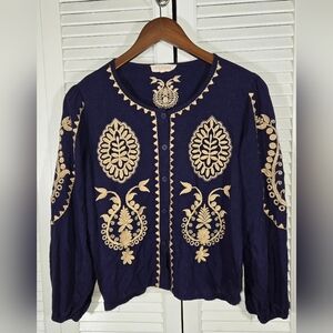 Solitaire Navy Long Sleeve Cream Floral Paisley Embroidered Boho Linen Blouse XL